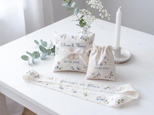 Personalized Wedding Handmade Embroidery Gift Set, Custom Ring Bearer Pillow, Linen Pouch, Ribbon Flower Box, Personalized Handmade Bridal