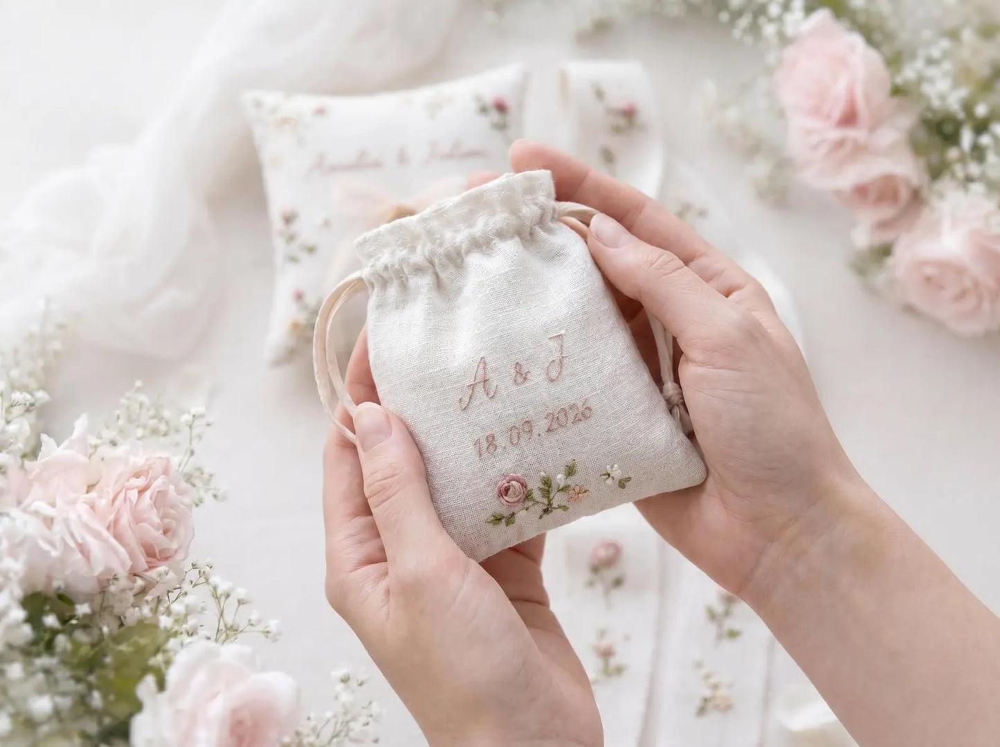 Personalized Wedding Handmade Embroidery Gift Set, Custom Ring Bearer Pillow, Linen Pouch, Ribbon Flower Box, Personalized Handmade Bridal