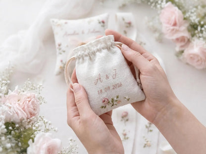 Personalized Wedding Handmade Embroidery Gift Set, Custom Ring Bearer Pillow, Linen Pouch, Ribbon Flower Box, Personalized Handmade Bridal