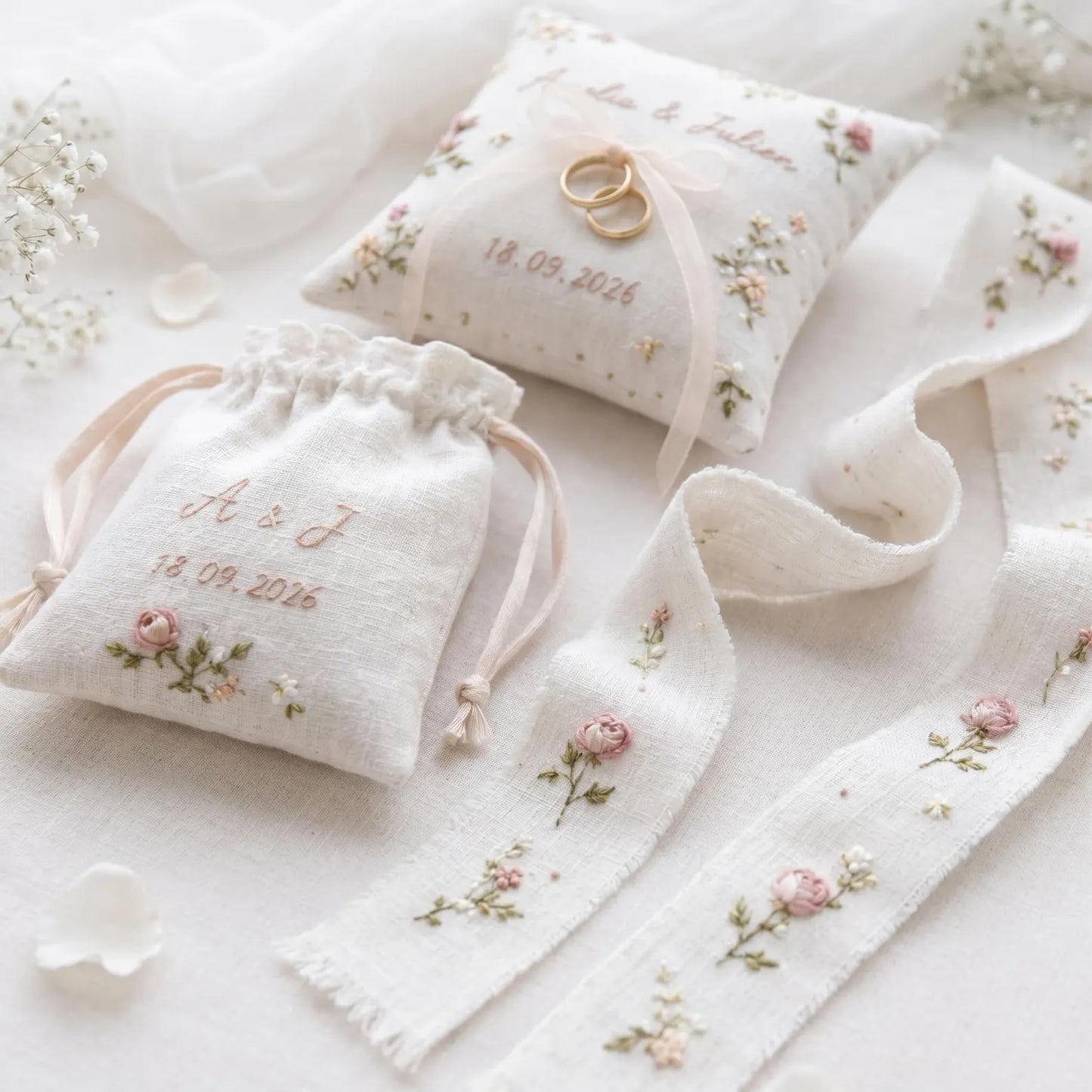 Personalized Wedding Handmade Embroidery Gift Set, Custom Ring Bearer Pillow, Linen Pouch, Ribbon Flower Box, Personalized Handmade Bridal