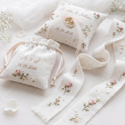 Personalized Wedding Handmade Embroidery Gift Set, Custom Ring Bearer Pillow, Linen Pouch, Ribbon Flower Box, Personalized Handmade Bridal