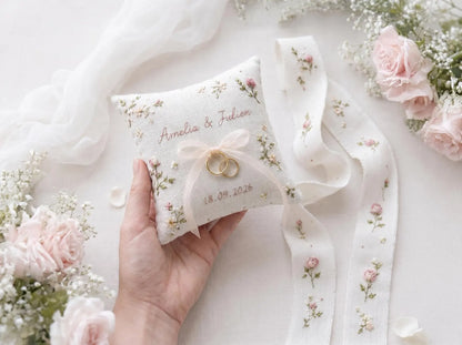 Personalized Wedding Handmade Embroidery Gift Set, Custom Ring Bearer Pillow, Linen Pouch, Ribbon Flower Box, Personalized Handmade Bridal