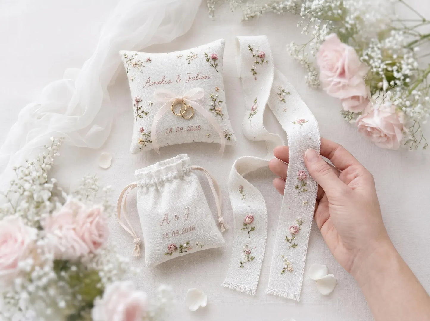 Personalized Wedding Handmade Embroidery Gift Set, Custom Ring Bearer Pillow, Linen Pouch, Ribbon Flower Box, Personalized Handmade Bridal