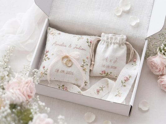Personalized Wedding Handmade Embroidery Gift Set, Custom Ring Bearer Pillow, Linen Pouch, Ribbon Flower Box, Personalized Handmade Bridal