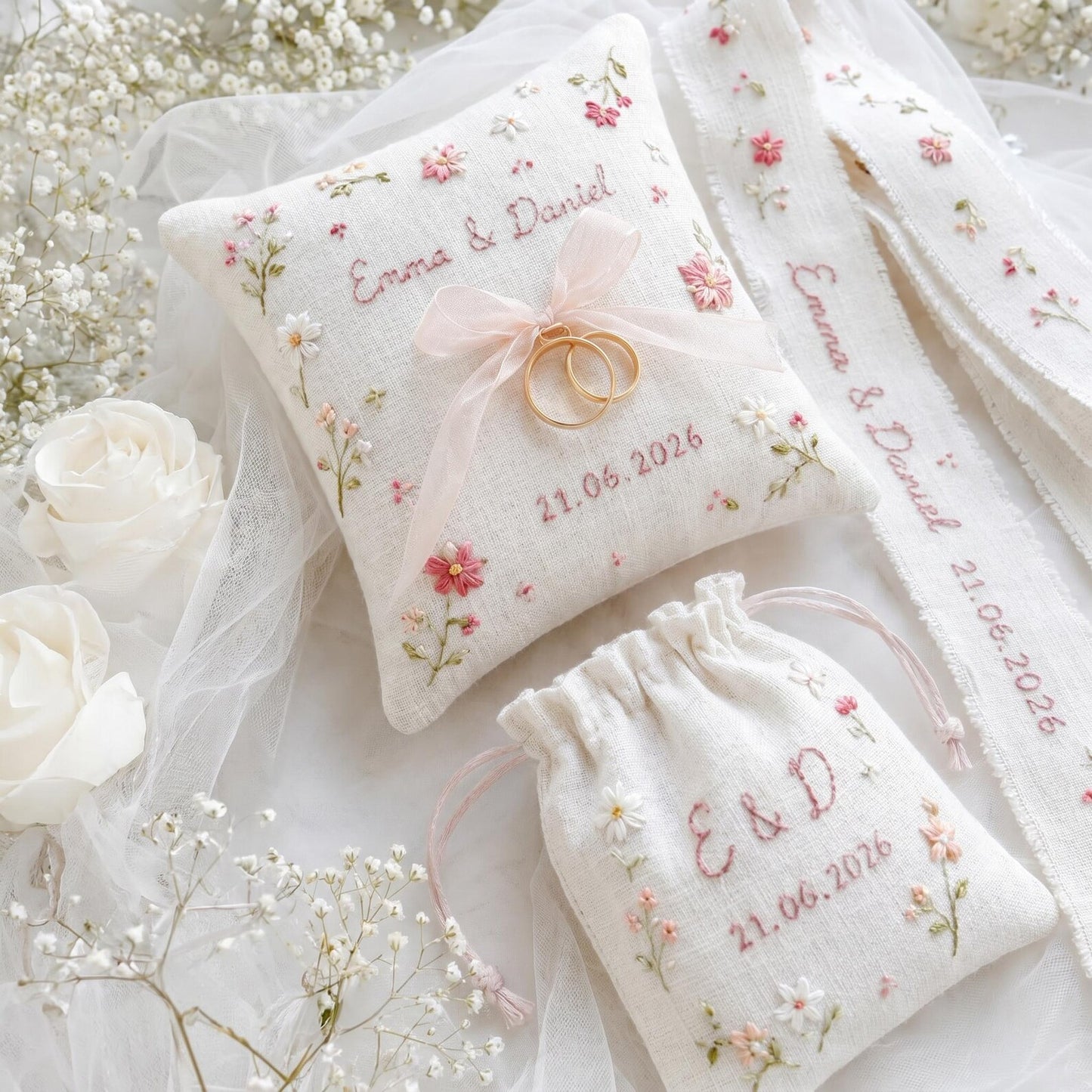 Personalized Wedding Handmade Embroidery Gift Set, Custom Ring Bearer Pillow, Linen Pouch, Ribbon Flower Box, Personalized Handmade Bridal