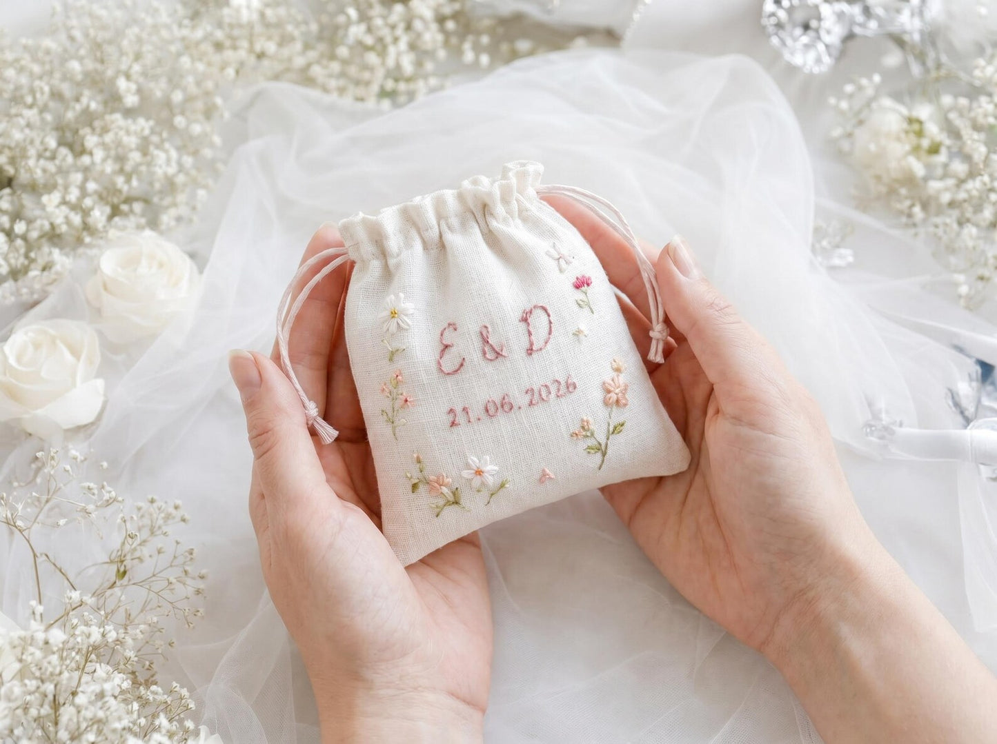 Personalized Wedding Handmade Embroidery Gift Set, Custom Ring Bearer Pillow, Linen Pouch, Ribbon Flower Box, Personalized Handmade Bridal