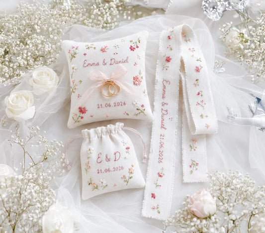 Personalized Wedding Handmade Embroidery Gift Set, Custom Ring Bearer Pillow, Linen Pouch, Ribbon Flower Box, Personalized Handmade Bridal