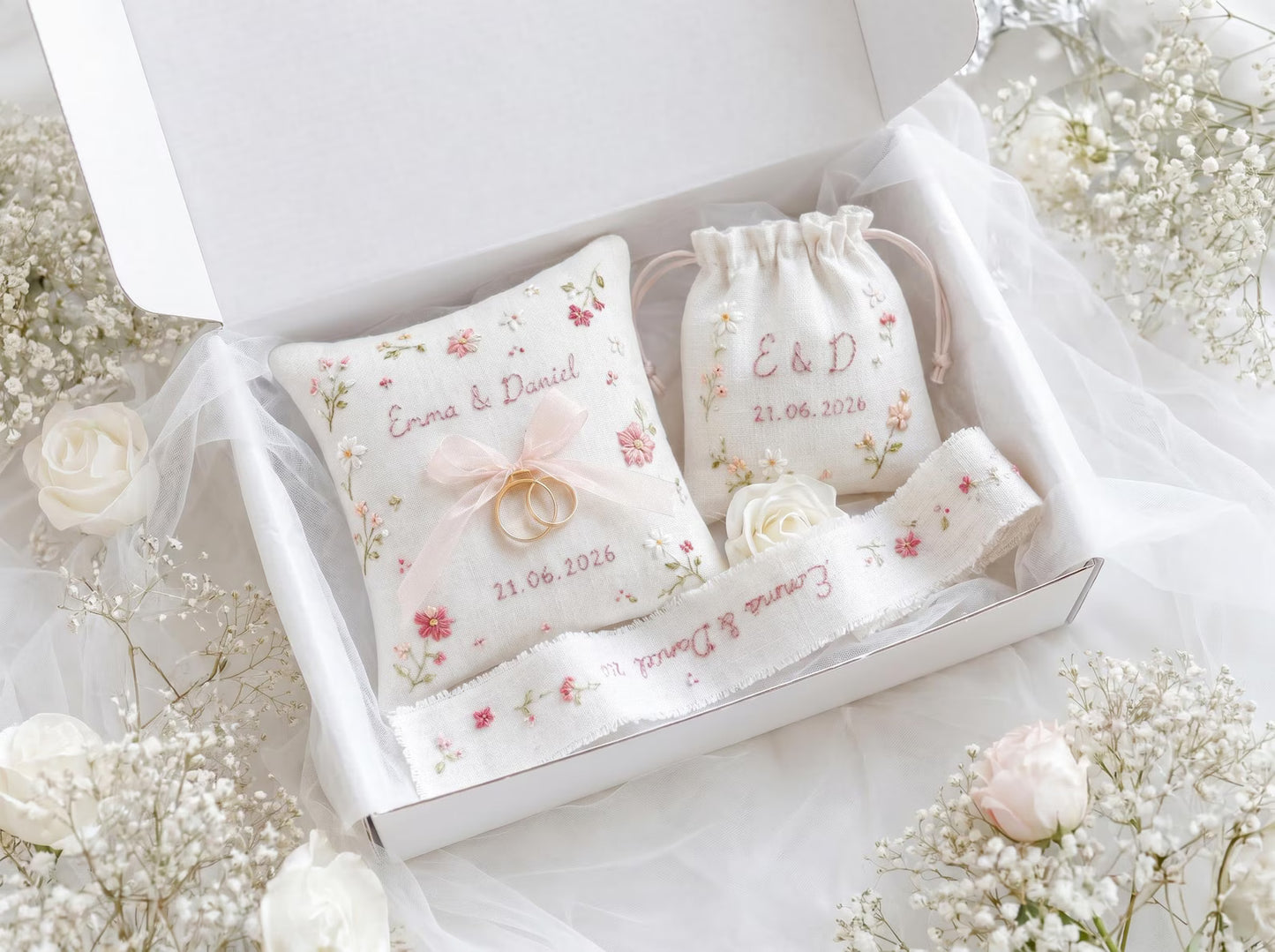 Personalized Wedding Handmade Embroidery Gift Set, Custom Ring Bearer Pillow, Linen Pouch, Ribbon Flower Box, Personalized Handmade Bridal