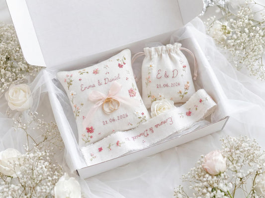 Personalized Wedding Handmade Embroidery Gift Set, Custom Ring Bearer Pillow, Linen Pouch, Ribbon Flower Box, Personalized Handmade Bridal