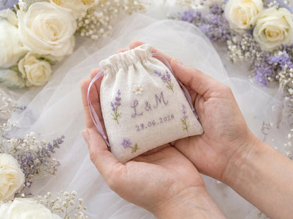 Personalized Wedding Embroidery Set of 3, Ring Bearer Pillow, Wedding Ribbon, Keepsake Pouch, Lavender Floral Bridal Gift for Custom Couples