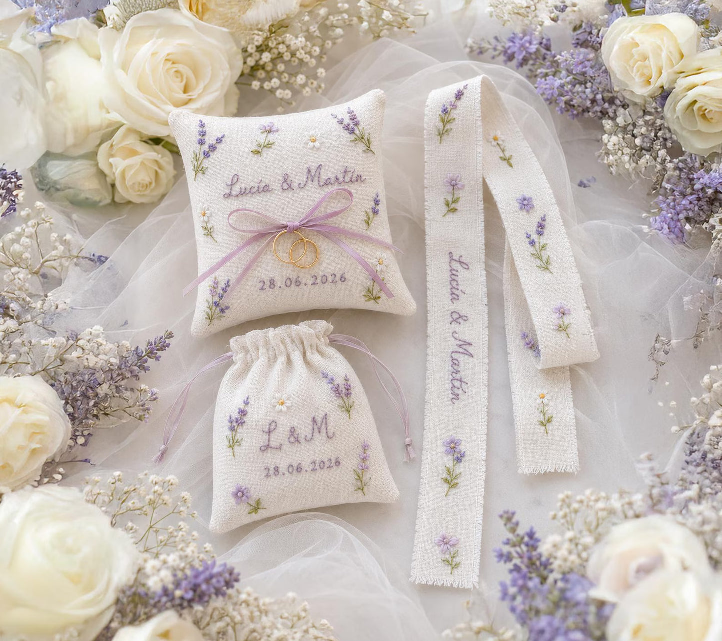 Personalized Wedding Embroidery Set of 3, Ring Bearer Pillow, Wedding Ribbon, Keepsake Pouch, Lavender Floral Bridal Gift for Custom Couples