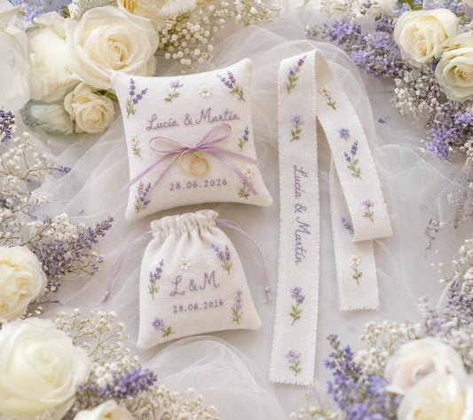 Personalized Wedding Embroidery Set of 3, Ring Bearer Pillow, Wedding Ribbon, Keepsake Pouch, Lavender Floral Bridal Gift for Custom Couples