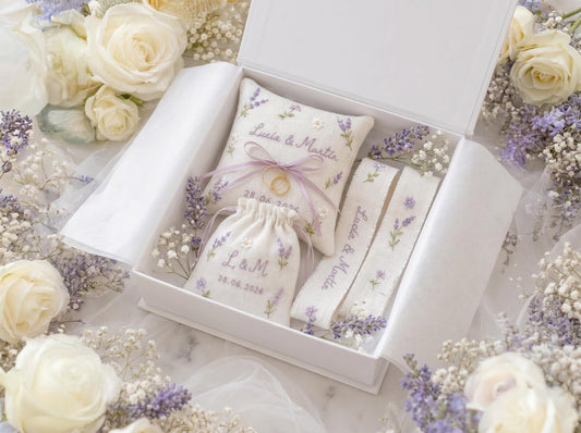 Personalized Wedding Embroidery Set of 3, Ring Bearer Pillow, Wedding Ribbon, Keepsake Pouch, Lavender Floral Bridal Gift for Custom Couples