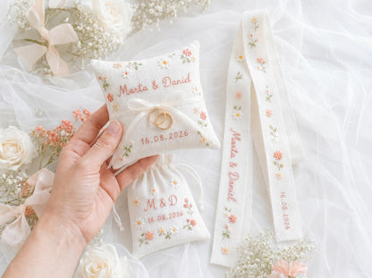 Personalized Wedding Embroidery Set of 3, Ring Bearer Pillow, Wedding Ribbon, Keepsake Pouch, Coral Floral Bridal Gift for Couples With Date