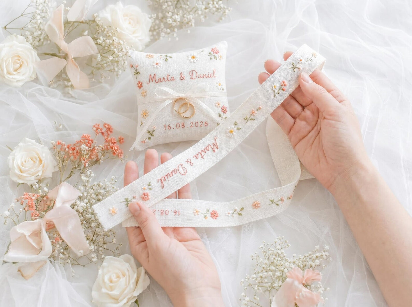 Personalized Wedding Embroidery Set of 3, Ring Bearer Pillow, Wedding Ribbon, Keepsake Pouch, Coral Floral Bridal Gift for Couples With Date