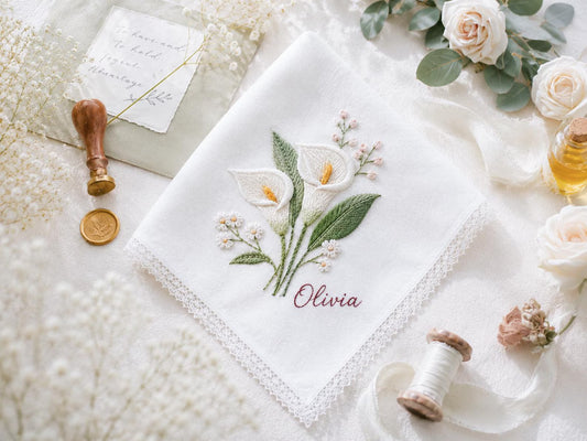 Luxury Embroidered Wedding Handkerchief, Calla Lily Floral Bridal Hanky, Personalized Linen Keepsake Gift for Bride, Mother of Bride Wedding