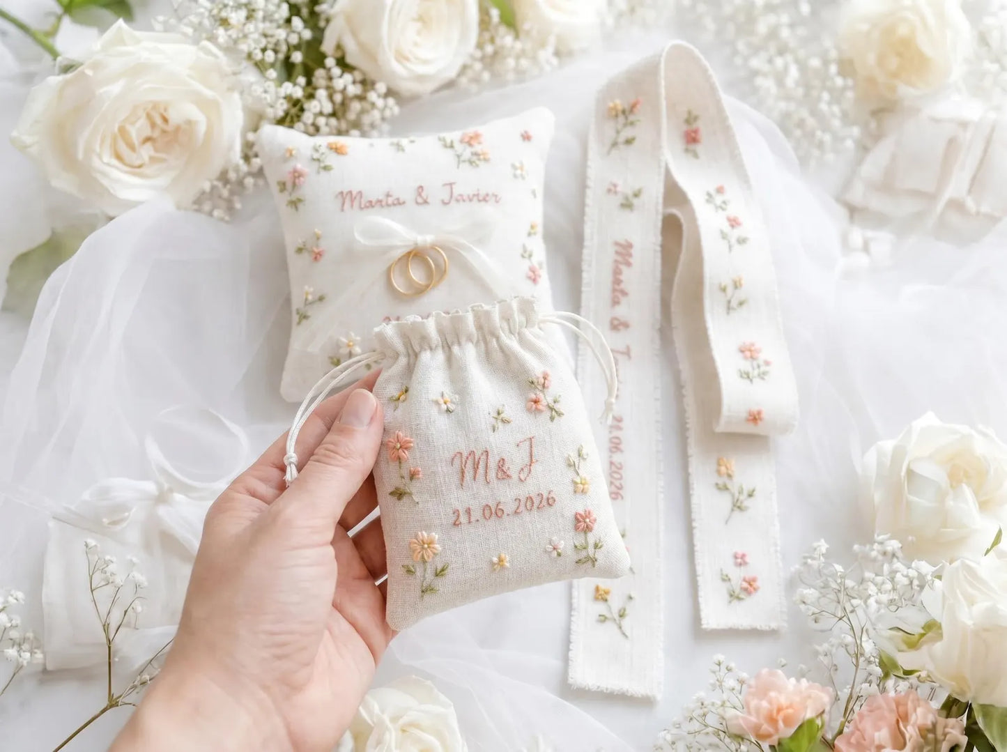Personalized Wedding Embroidery Set of 3, Ring Bearer Pillow, Wedding Ribbon, Keepsake Pouch, Coral Floral Bridal Gift for Couples With Date