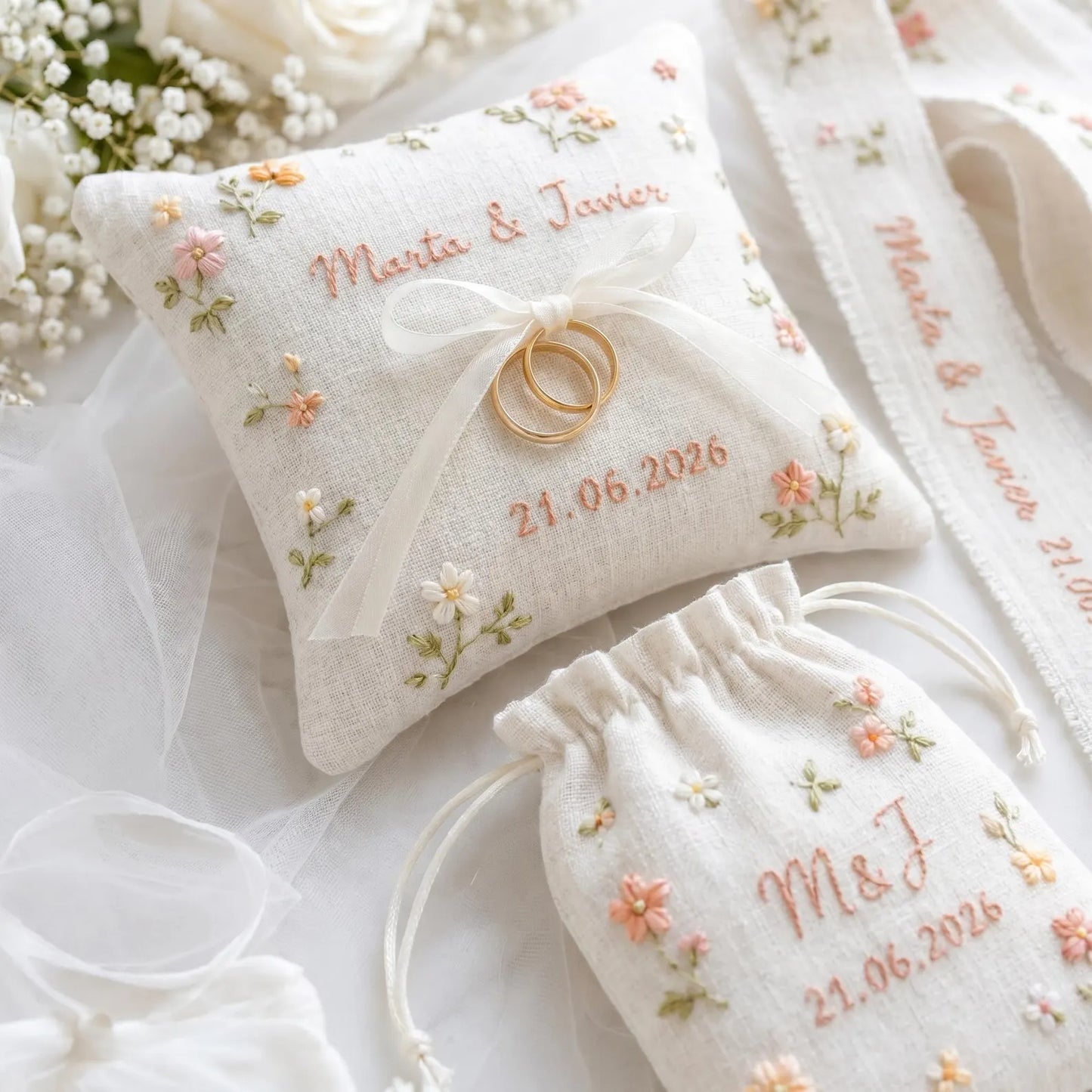 Personalized Wedding Embroidery Set of 3, Ring Bearer Pillow, Wedding Ribbon, Keepsake Pouch, Coral Floral Bridal Gift for Couples With Date