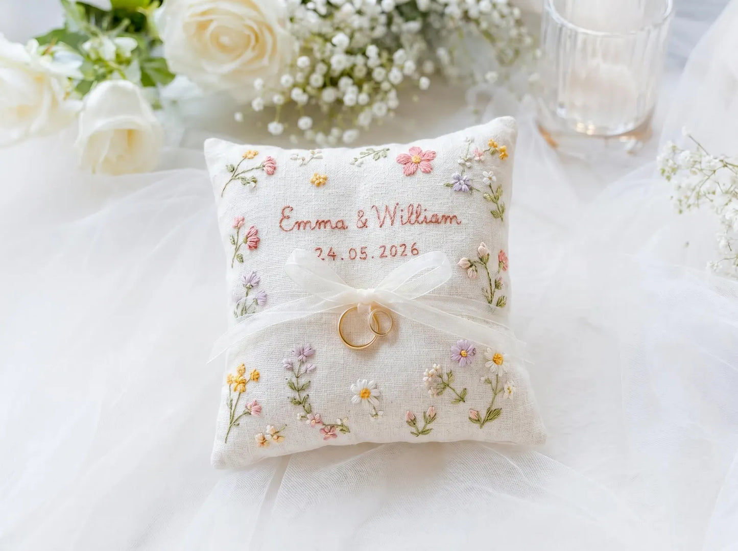 Personalized Wedding Embroidery Set of 3, Ring Bearer Pillow, Wedding Ribbon, Keepsake Pouch, Coral Floral Bridal Gift for Couples With Date