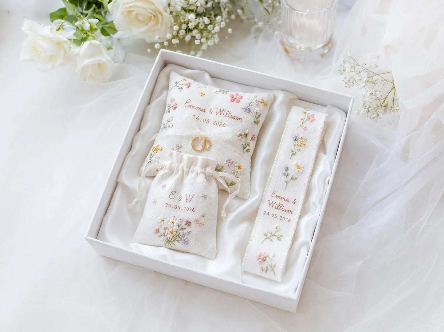 Personalized Wedding Embroidery Set of 3, Ring Bearer Pillow, Wedding Ribbon, Keepsake Pouch, Coral Floral Bridal Gift for Couples With Date