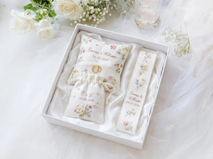 Personalized Wedding Embroidery Set of 3, Ring Bearer Pillow, Wedding Ribbon, Keepsake Pouch, Coral Floral Bridal Gift for Couples With Date