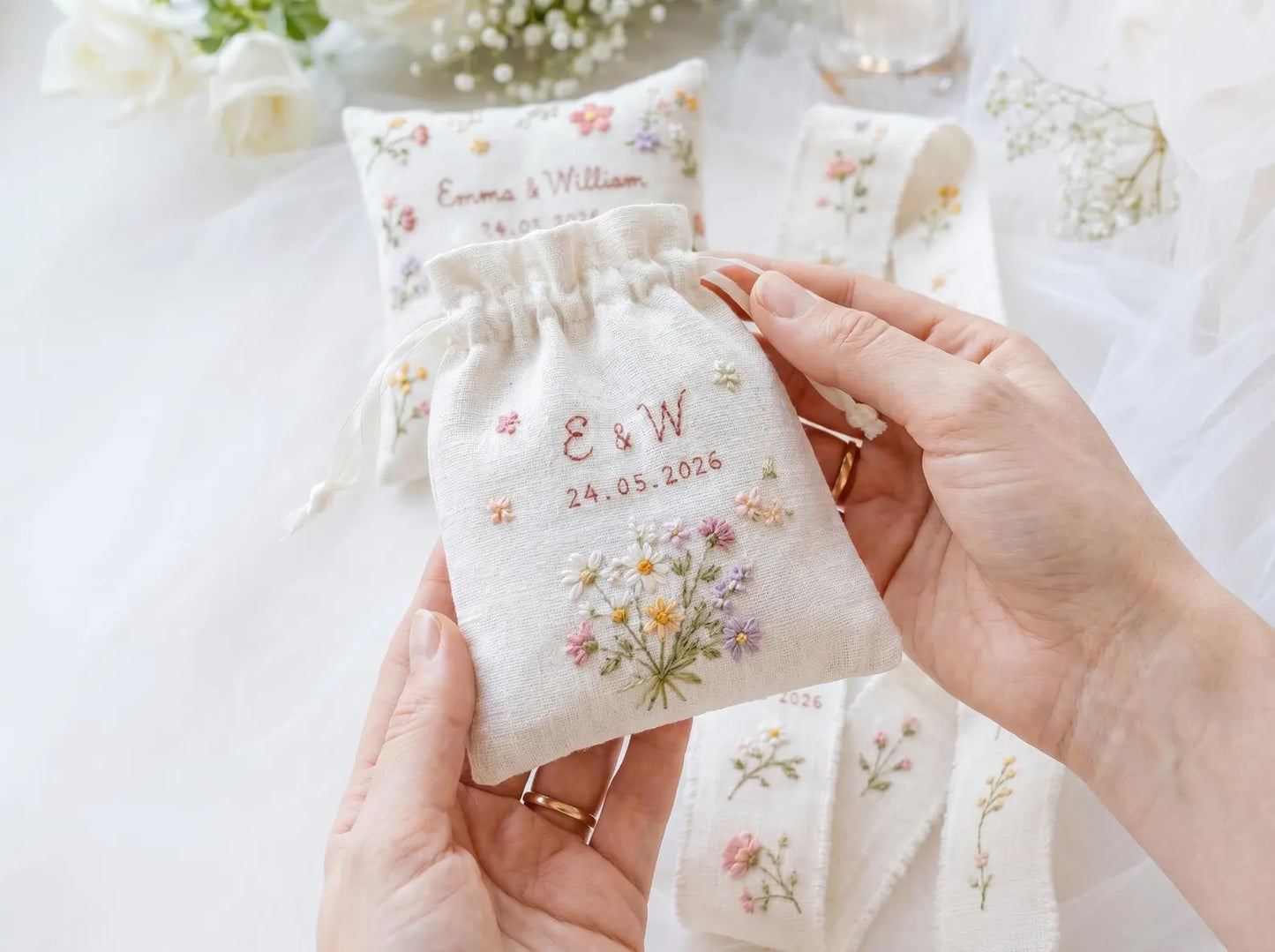 Personalized Wedding Embroidery Set of 3, Ring Bearer Pillow, Wedding Ribbon, Keepsake Pouch, Coral Floral Bridal Gift for Couples With Date