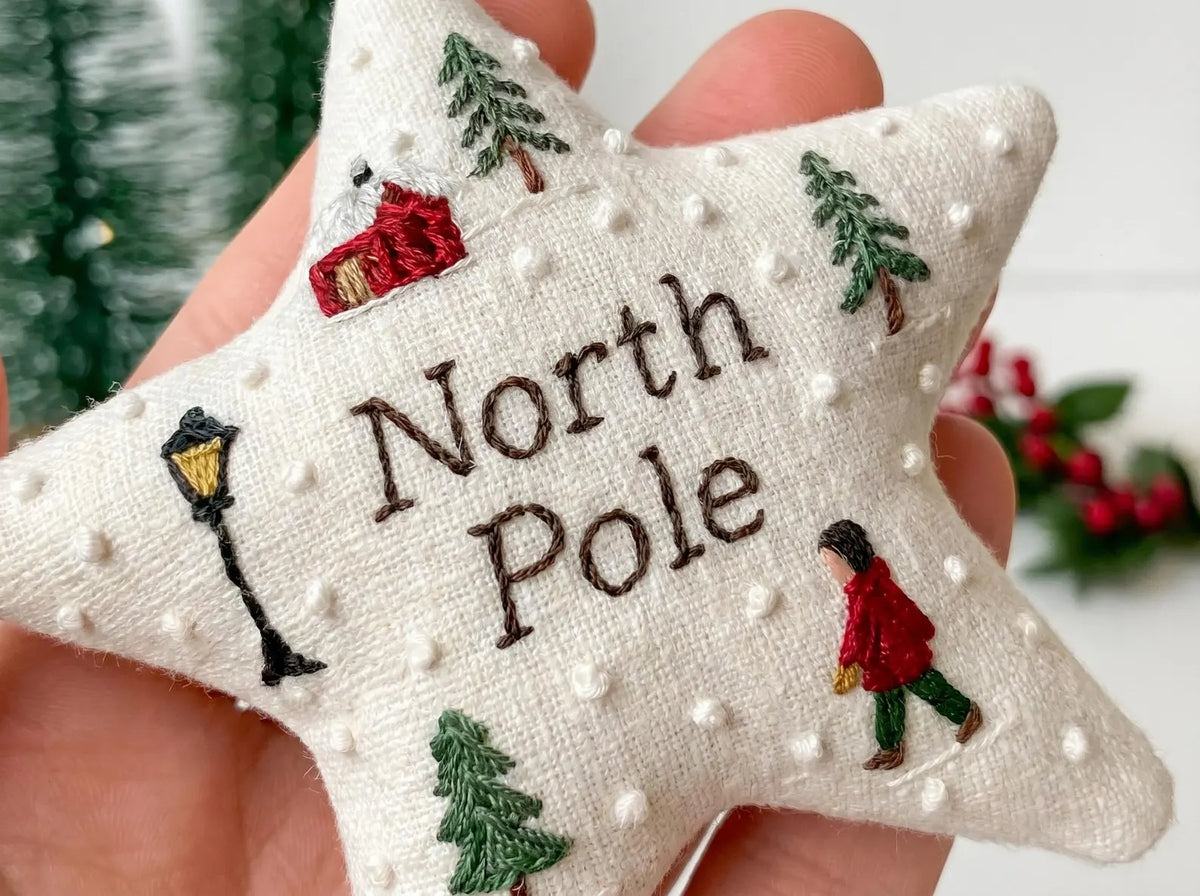 Personalized Embroidered Christmas Star Ornament, Handmade Fabric Tree Decoration, North Pole Holiday Keepsake Gift, Handmade Ornament Gift
