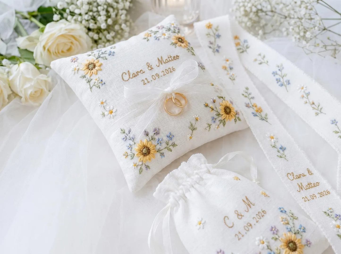 Personalized Sunflower Wedding Ring Pillow Set, Embroidered Ring Bearer Pillow, Sachet Bag, Linen Ribbon, Bridal Keepsake Box Handmade Set