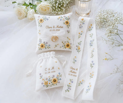 Personalized Sunflower Wedding Ring Pillow Set, Embroidered Ring Bearer Pillow, Sachet Bag, Linen Ribbon, Bridal Keepsake Box Handmade Set