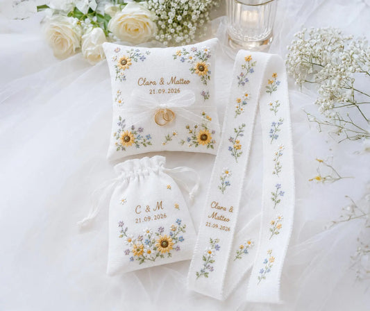 Personalized Sunflower Wedding Ring Pillow Set, Embroidered Ring Bearer Pillow, Sachet Bag, Linen Ribbon, Bridal Keepsake Box Handmade Set