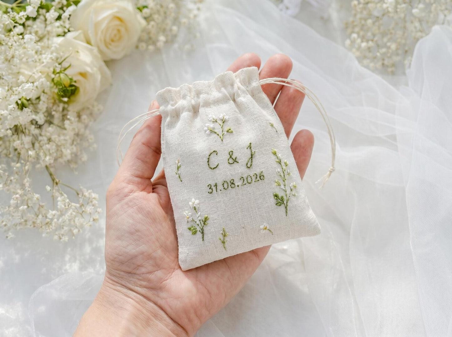 Personalized Botanical Wedding Ring Pillow Set, Embroidered Ring Bearer Pillow, Sachet Bag, Linen Ribbon, Custom Bridal Keepsake Box Gift