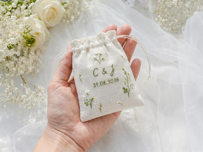 Personalized Botanical Wedding Ring Pillow Set, Embroidered Ring Bearer Pillow, Sachet Bag, Linen Ribbon, Custom Bridal Keepsake Box Gift