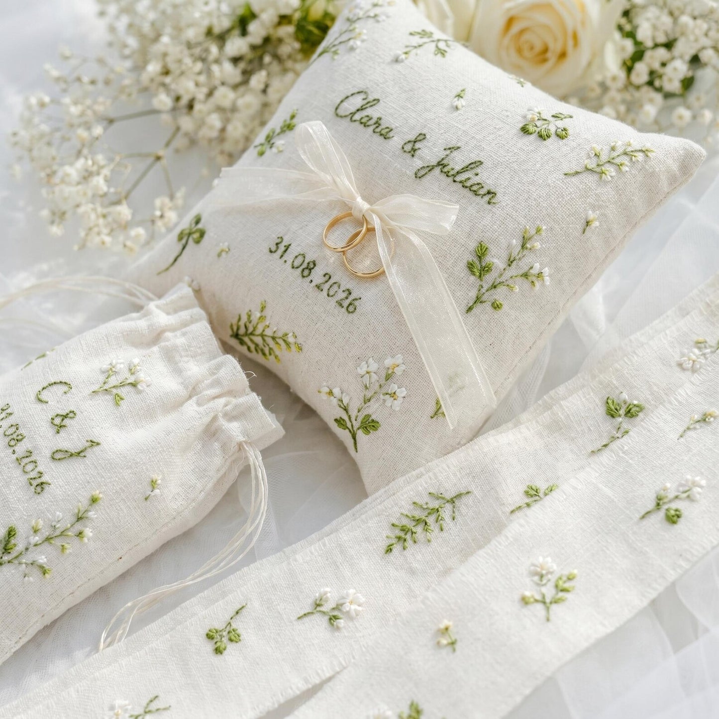 Personalized Botanical Wedding Ring Pillow Set, Embroidered Ring Bearer Pillow, Sachet Bag, Linen Ribbon, Custom Bridal Keepsake Box Gift