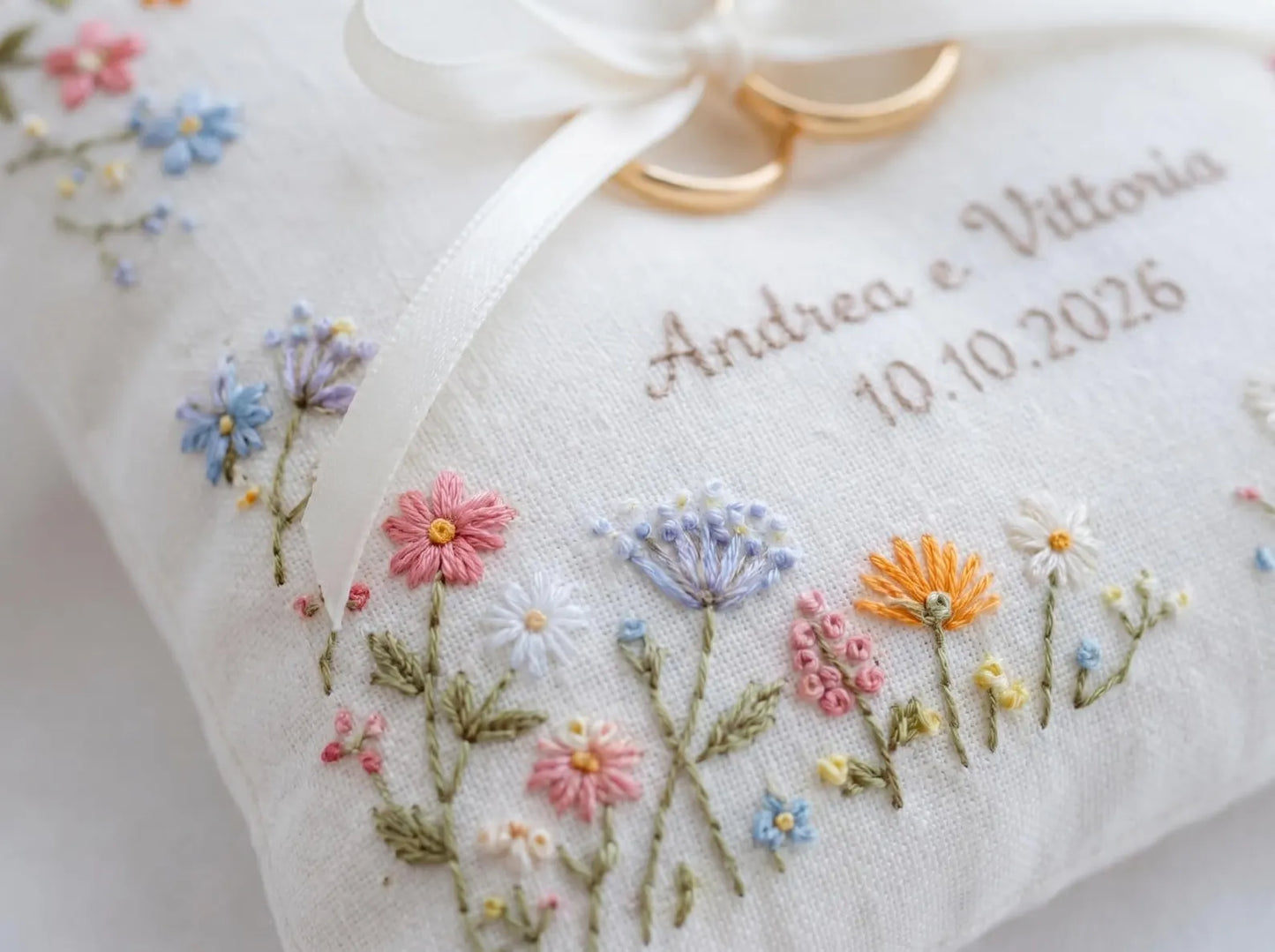 Personalized Floral Border Ring Bearer Pillow, Embroidered Wedding Pillow with Names Date, Custom Linen Ring Pillow, Handmade Wedding
