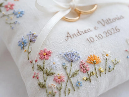 Personalized Floral Border Ring Bearer Pillow, Embroidered Wedding Pillow with Names Date, Custom Linen Ring Pillow, Handmade Wedding