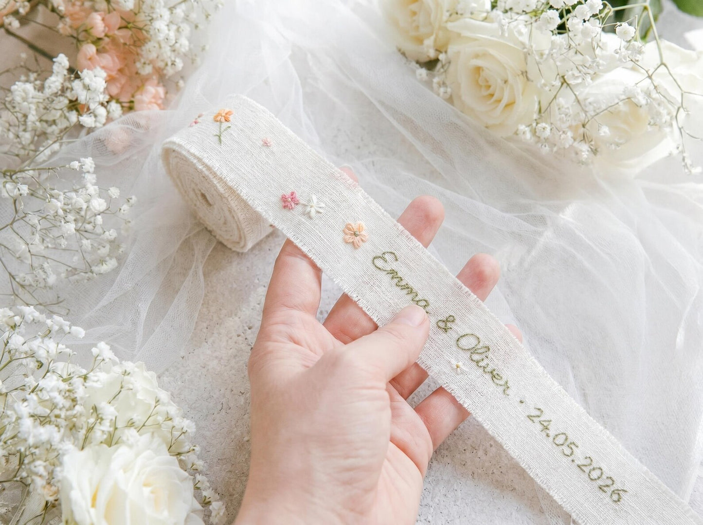 Personalized Wedding Embroidery Set, Ring Bearer Pillow, Bridal Bouquet Ribbon, Linen Sachet Bag, Custom Floral Wedding Keepsake Bridal Gift