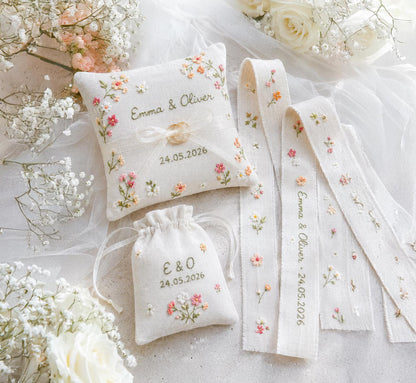 Personalized Wedding Embroidery Set, Ring Bearer Pillow, Bridal Bouquet Ribbon, Linen Sachet Bag, Custom Floral Wedding Keepsake Bridal Gift