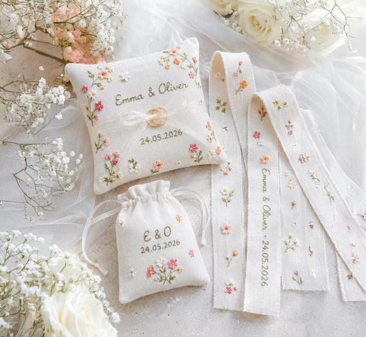 Personalized Wedding Embroidery Set, Ring Bearer Pillow, Bridal Bouquet Ribbon, Linen Sachet Bag, Custom Floral Wedding Keepsake Bridal Gift