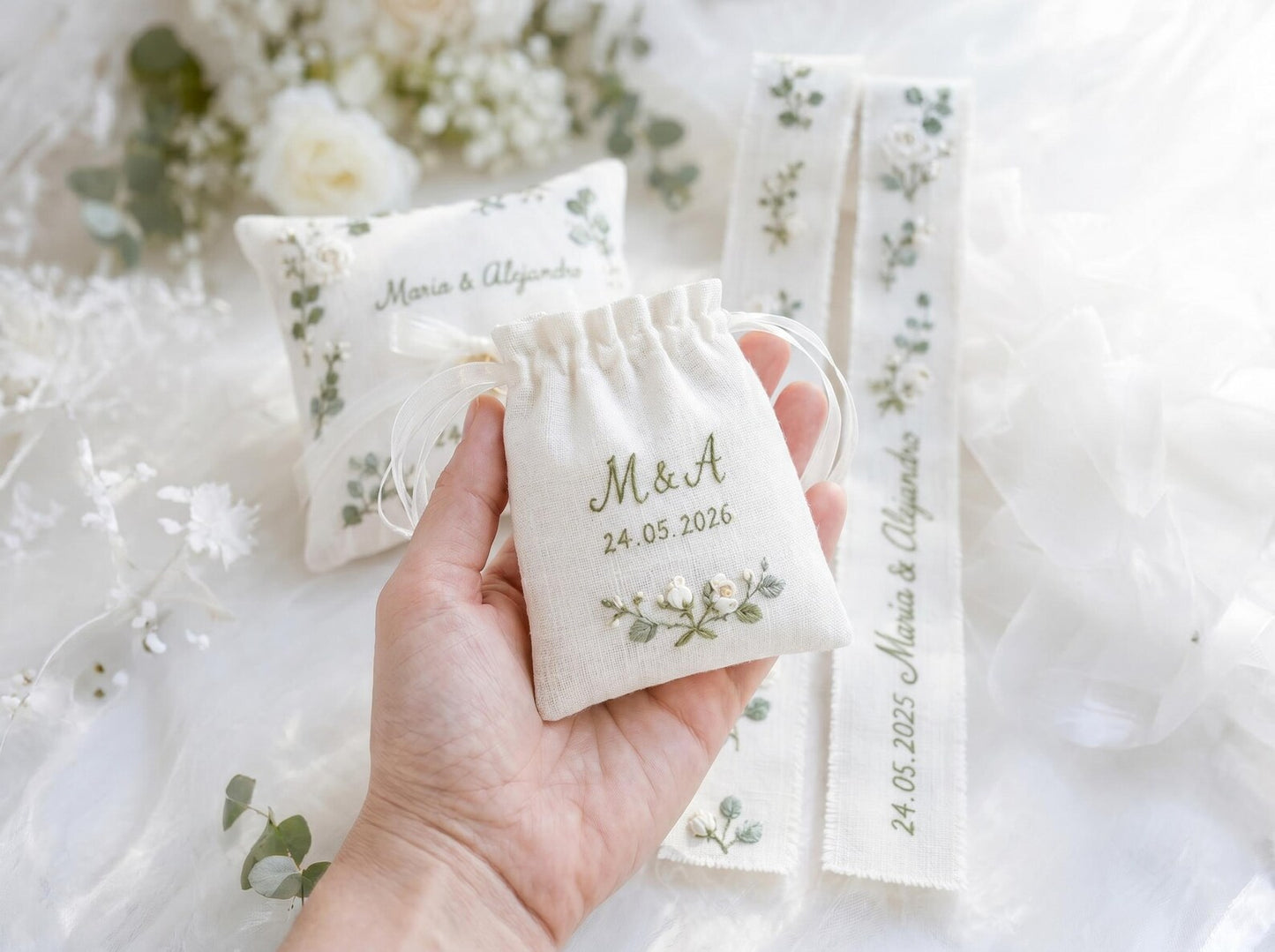 Personalized Wedding Eucalyptus Embroidery Set, Ring Bearer Pillow, Bridal Bouquet Ribbon, Linen Sachet Bag, White Rose Eucalyptus Gift Set