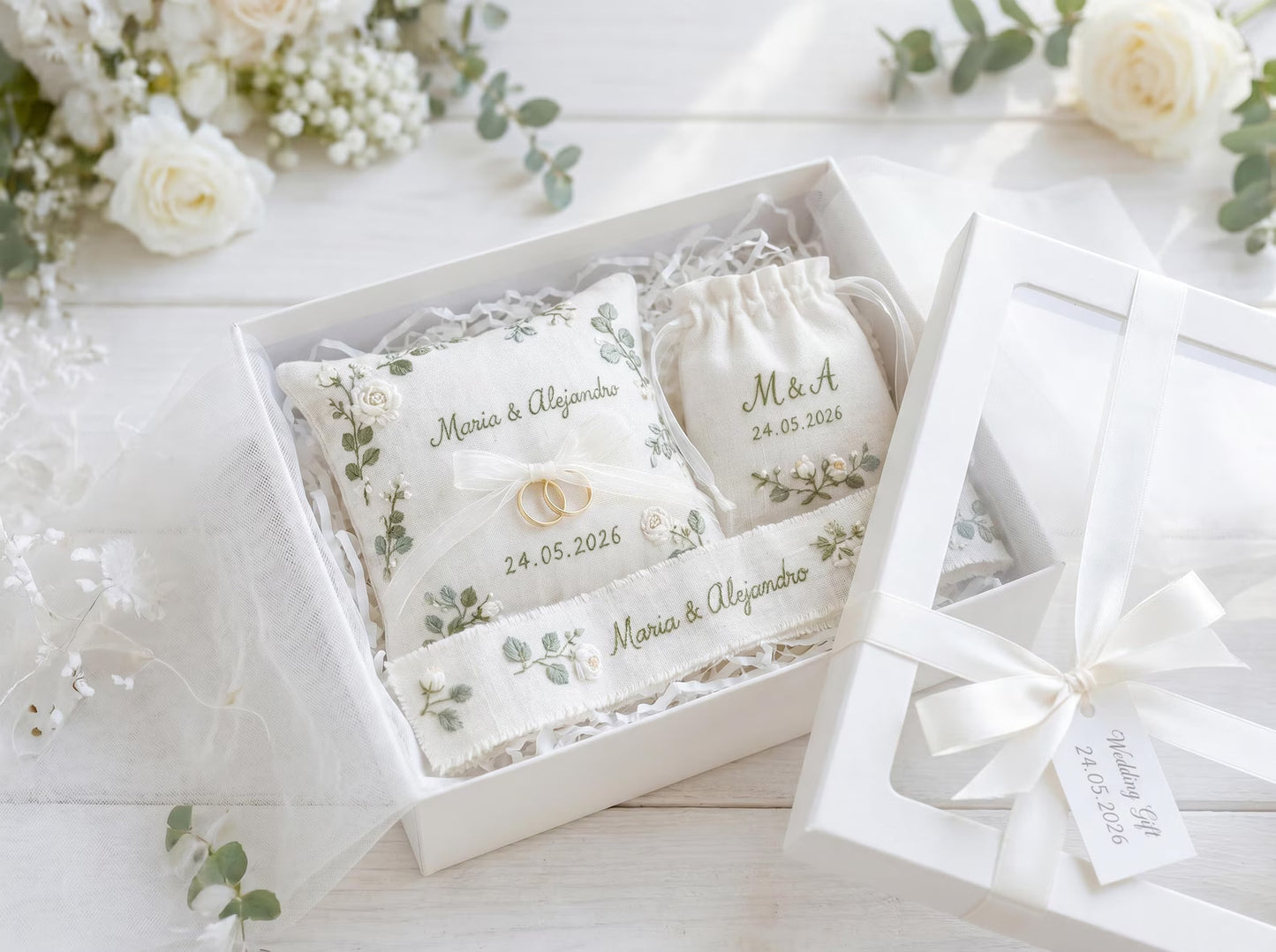 Personalized Wedding Eucalyptus Embroidery Set, Ring Bearer Pillow, Bridal Bouquet Ribbon, Linen Sachet Bag, White Rose Eucalyptus Gift Set