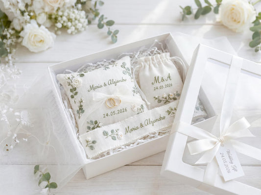 Personalized Wedding Eucalyptus Embroidery Set, Ring Bearer Pillow, Bridal Bouquet Ribbon, Linen Sachet Bag, White Rose Eucalyptus Gift Set
