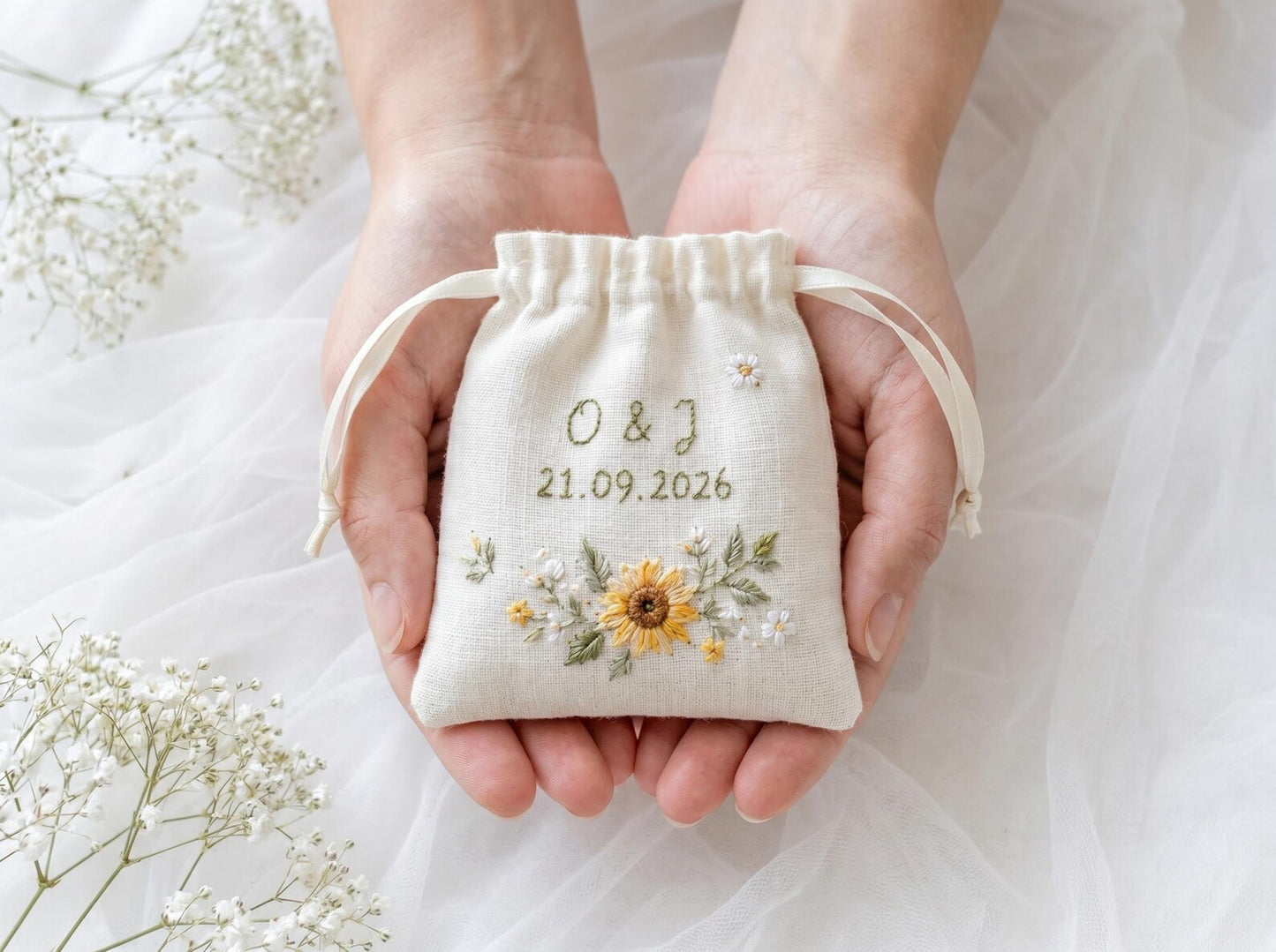 Personalized Wedding Sunflower Embroidery Set, Ring Bearer Pillow, Bridal Bouquet Ribbon, Linen Sachet Bag, Handmade Sunflower Gift Set