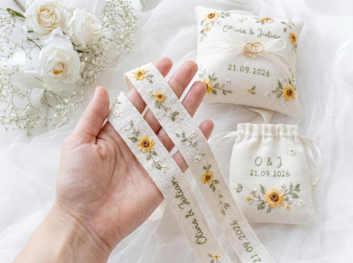 Personalized Wedding Sunflower Embroidery Set, Ring Bearer Pillow, Bridal Bouquet Ribbon, Linen Sachet Bag, Handmade Sunflower Gift Set