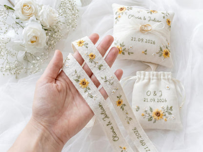 Personalized Wedding Sunflower Embroidery Set, Ring Bearer Pillow, Bridal Bouquet Ribbon, Linen Sachet Bag, Handmade Sunflower Gift Set