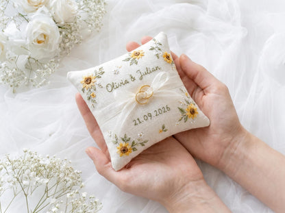 Personalized Wedding Sunflower Embroidery Set, Ring Bearer Pillow, Bridal Bouquet Ribbon, Linen Sachet Bag, Handmade Sunflower Gift Set