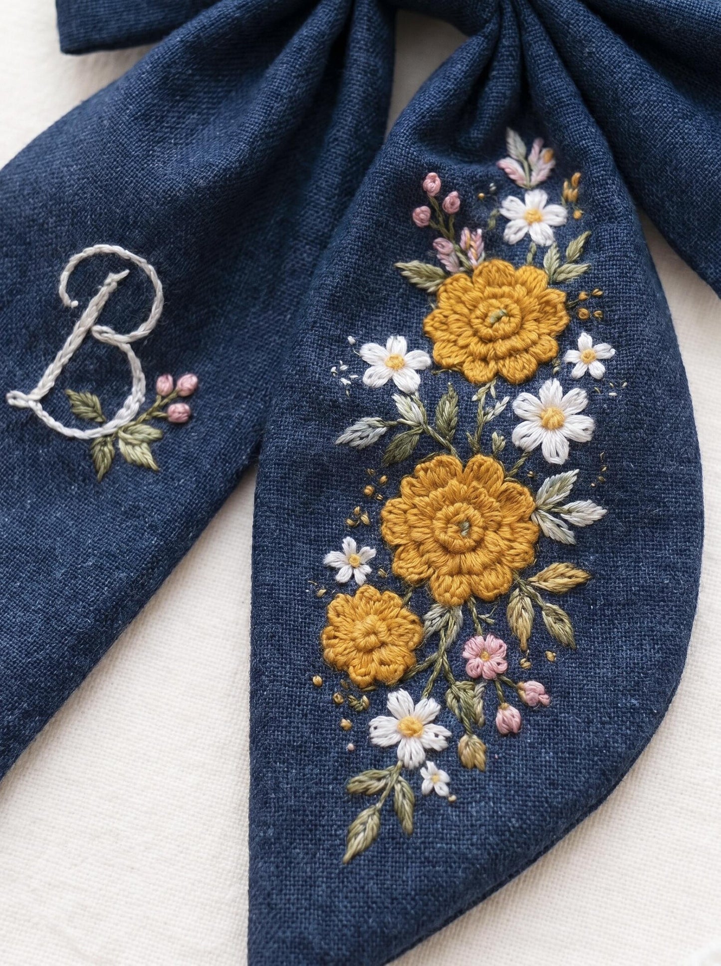 Personalized Mustard Wildflowers Linen Hair Bow – Hand Embroidered Flower Bow with Initial – Custom Name Text Bow for Girls, Handmade Hairpin Bow for Girl