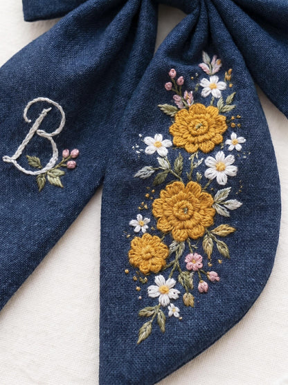 Personalized Mustard Wildflowers Linen Hair Bow – Hand Embroidered Flower Bow with Initial – Custom Name Text Bow for Girls, Handmade Hairpin Bow for Girl