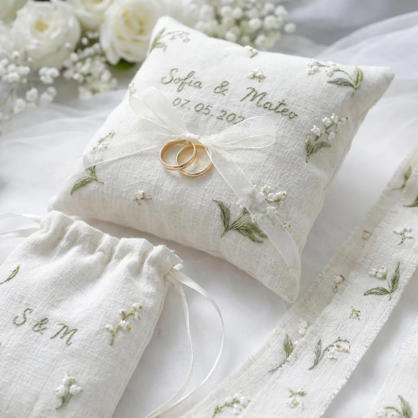 Personalized Lily of the Valley Wedding Ring Pillow Set, Embroidered Ring Bearer Pillow, Sachet Bag, Linen Ribbon, Bridal Keepsake Gift Her
