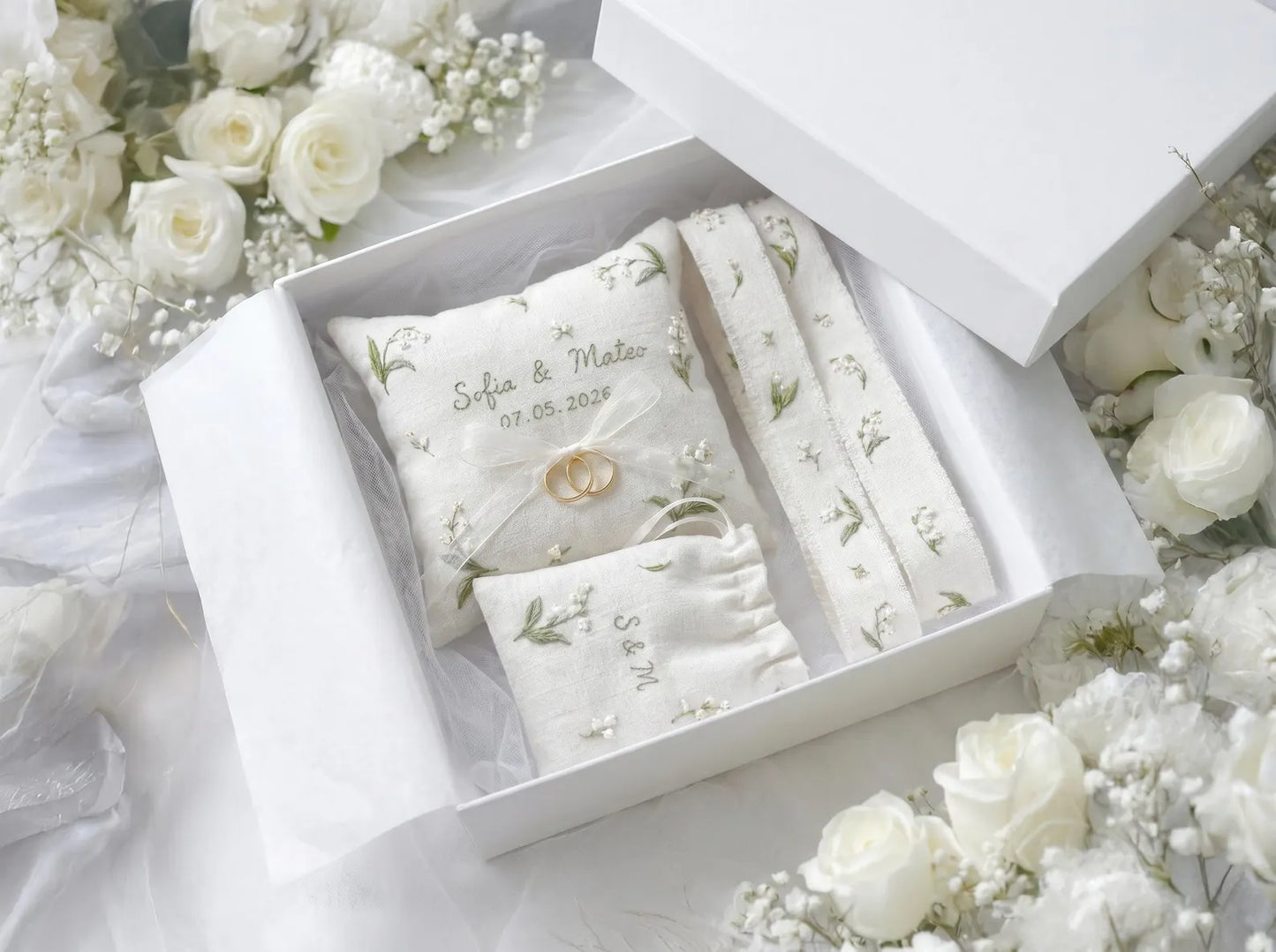 Personalized Lily of the Valley Wedding Ring Pillow Set, Embroidered Ring Bearer Pillow, Sachet Bag, Linen Ribbon, Bridal Keepsake Gift Her