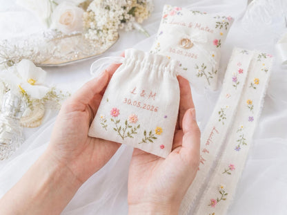 Personalized Wedding Wildflowers Embroidery Set, Ring Bearer Pillow, Bridal Bouquet Ribbon, Linen Sachet Bag, Handmade Wildflowers Gift Set